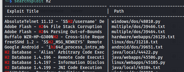 Searchsploit H2 search