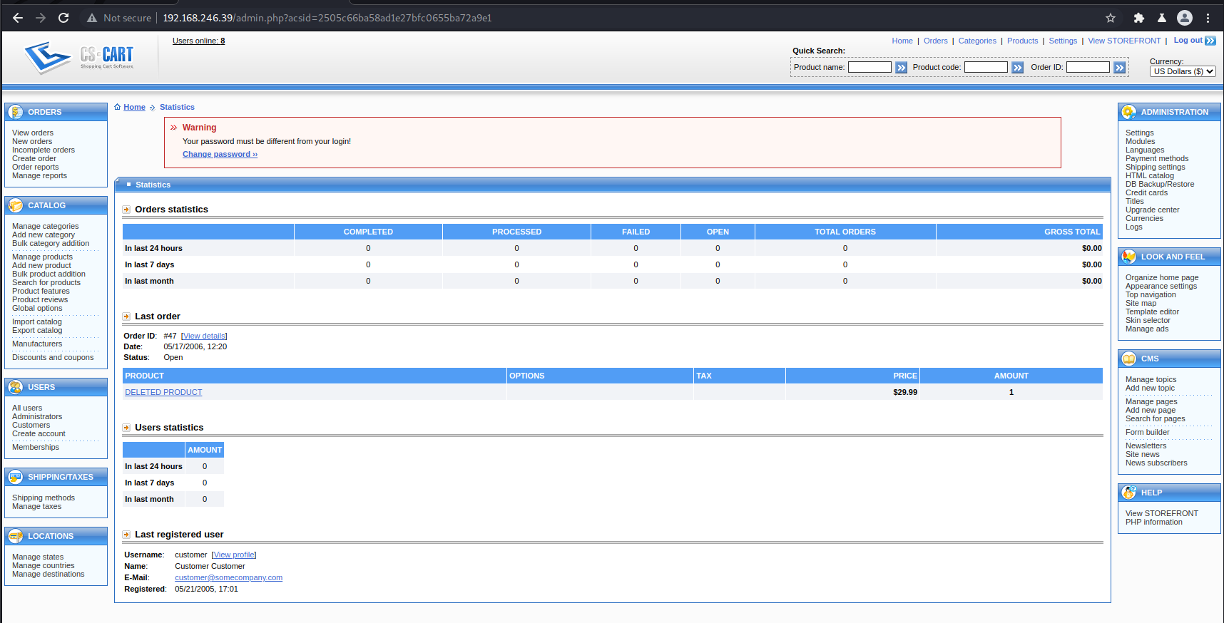 CS Cart Admin Access After default credentials